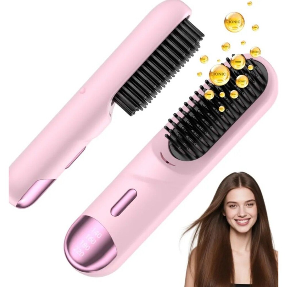 Go Brush Pro Short Hair 2026 Hair Straightener Brush Comb 4 Temps 300M Ion Pink